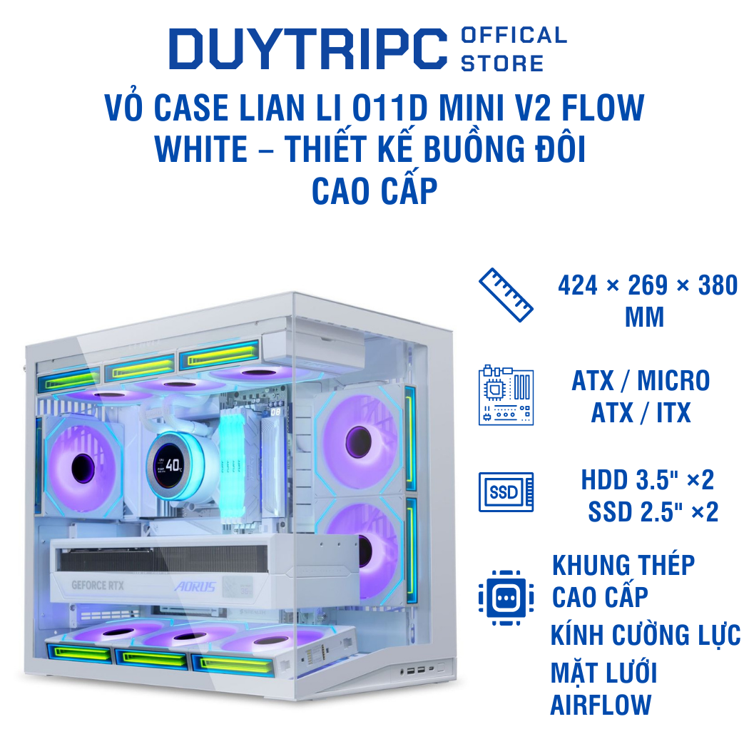 Vỏ Case LIAN LI O11D MINI V2 FLOW White – Thiết kế buồng đôi cao cấp, mặt lưới airflow mạnh, kính cường lực, build PC RGB gọn đẹp